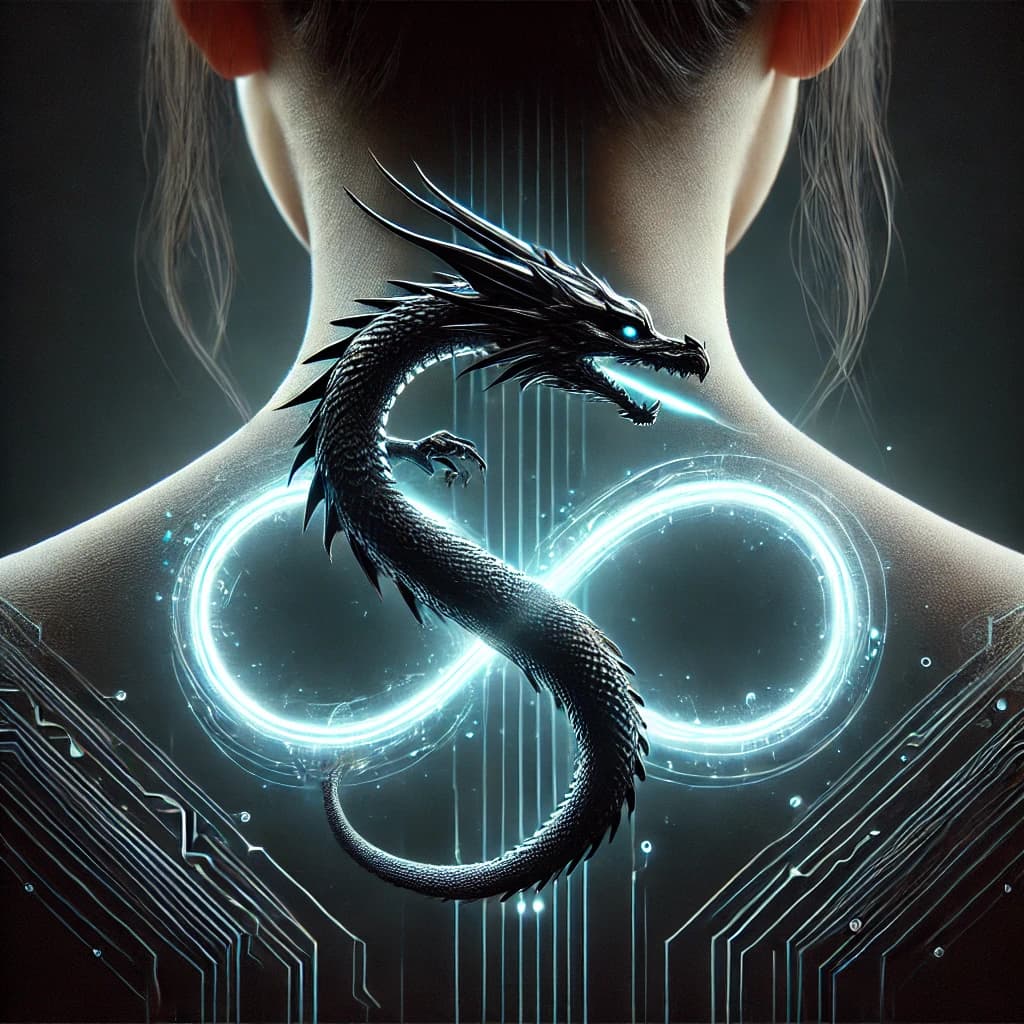 DALL·E 2024-12-22 00.30.54 - A highly detailed and artistic representation of a black dragon shaped like an infinity symbol, glowing softly with a futuristic blue light, on the ba.webp